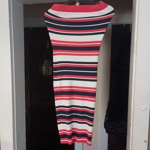 NYC Red and White Ribbed Pencil Skirt Midi Length